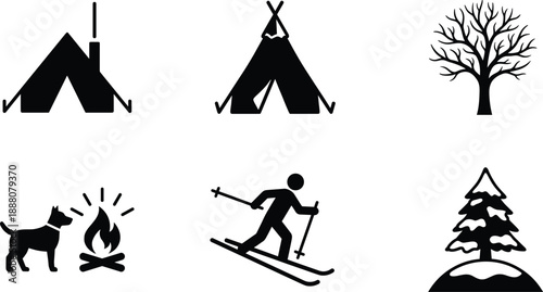 Vector icon set of winter camping equipment, tent, teepee, bare tree, dog with fire, skis, and snowy pine tree, black silhouettes isolated on white background