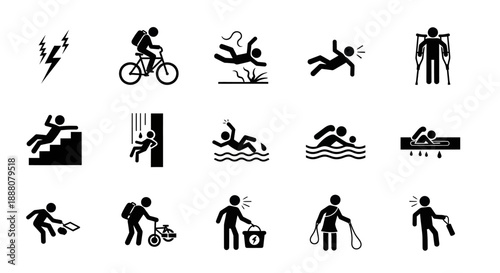 Set of icons depicting potential hazards and accidents, including slipping, falling, electric shock, and swimming pool dangers for safety warnings