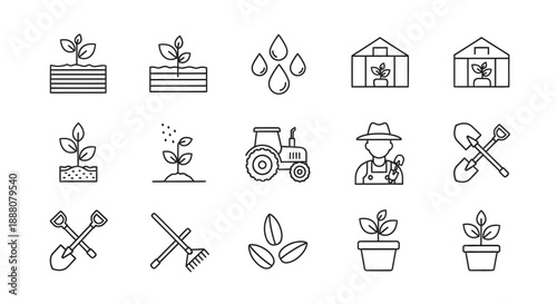 Minimalist line art icons depicting agricultural elements, farming, and gardening concepts