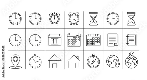 Set of flat design icons representing time, location, and navigation, perfect for apps and websites