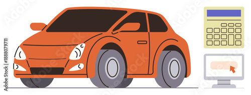 Car insurance, online services, finance, vehicle sales, digital tools, transportation. Orange car, calculator computer. Car insurance and online services
