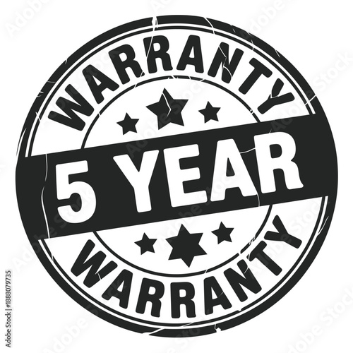 A black and white circular warranty stamp displaying a five year guarantee