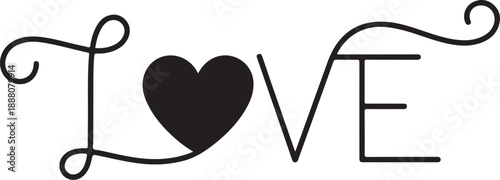 Black heart symbol with decorative lettering spelling love