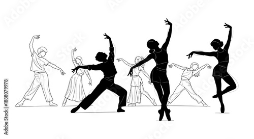diverse dancers moving gracefully in various poses showcasing artistic expression and creative energy in a modern performance