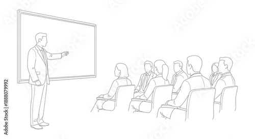 business presentation in a modern conference room where a male speaker engages with diverse corporate attendees during a professional development seminar.