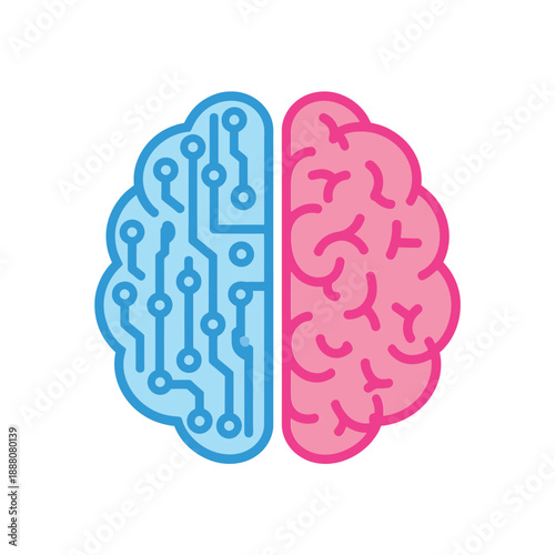 A stylized human brain divided into technological and organic hemispheres