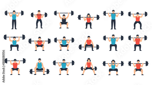 Flat design workout exercises set with diverse people doing strength training at gym