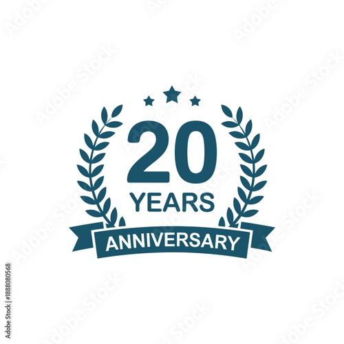 A teal and white logo celebrating a 20 year anniversary milestone