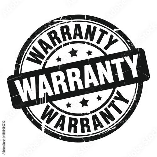 Black and white warranty stamp with stars and bold lettering
