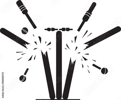 Cricket ball hitting wicket stump broken shattering bails black and white illustration