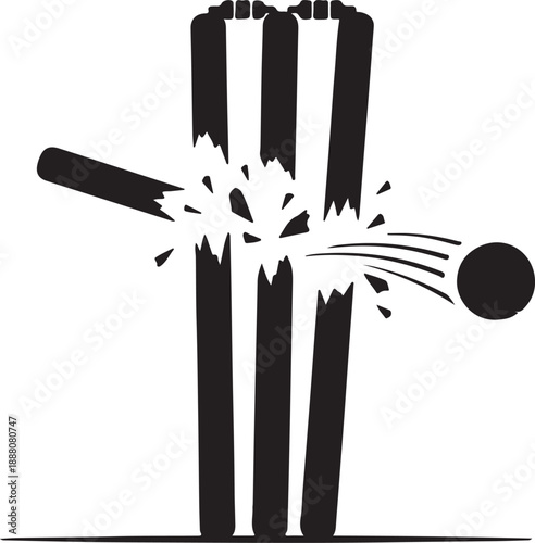 Cricket ball hitting wicket stump broken shattering bails black and white illustration