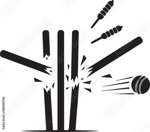 Cricket ball hitting wicket stump broken shattering bails black and white illustration