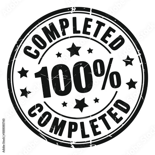 A circular stamp displaying the word completed and 100 in bold text