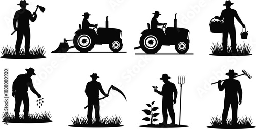 Silhouette Illustrations of Farmers Performing Diverse Agricultural Tasks with Tools and Machinery in Rural Fields Representing Traditional Farming, Harvesting, and Crop Cultivation Practices