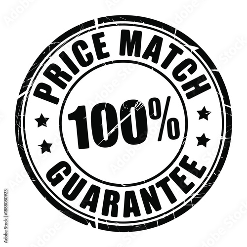 A circular price match guarantee stamp with a 100 satisfaction promise