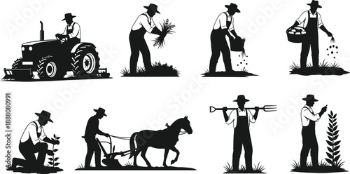 Silhouette Illustrations of Farmers Performing Traditional Agricultural Tasks Including Plowing, Sowing, Harvesting, and Crop Inspection with Tools, Tractor, and Horse-Drawn Equipment
