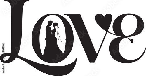 Black silhouette of a couple kissing inside the word love