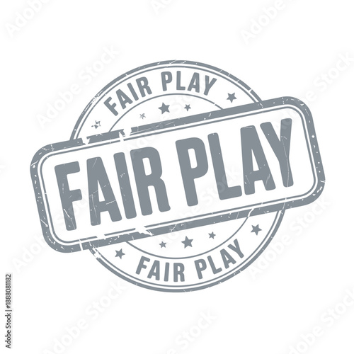 A distressed stamp graphic displays the words fair play repeatedly