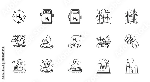 Green energy icons: hydrogen fuel, electric cars, solar power, wind turbines, and factories for sustainable concepts