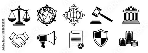 set of World Day of Social Justice icon, black and white, simple, flat design