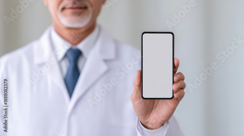 Smartphone male doctor white coat tie hand technology communication healthcare medical professional close up adult caucasian business modern device digital screen isolated portrait person