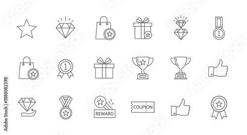 Reward and achievement icons: stars, diamonds, shopping bags, gifts, medals, trophies, thumbs up, coupons
