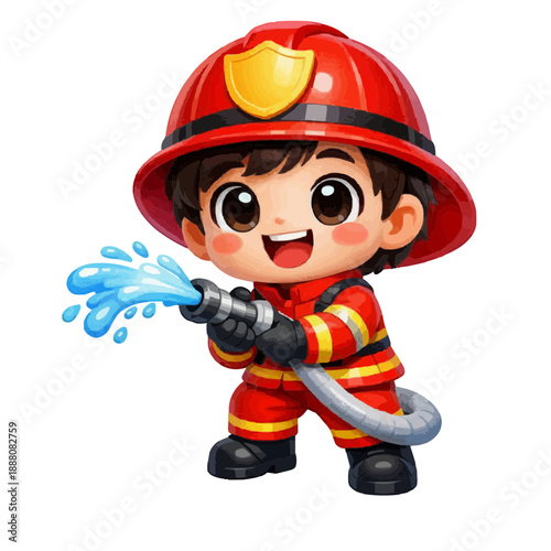 Cute Cartoon Firefighter Spraying Water