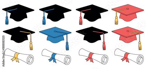 Graduation Mortarboard and Diploma Clipart Set featuring academic caps and rolled certificates in outline, silhouette, and color.