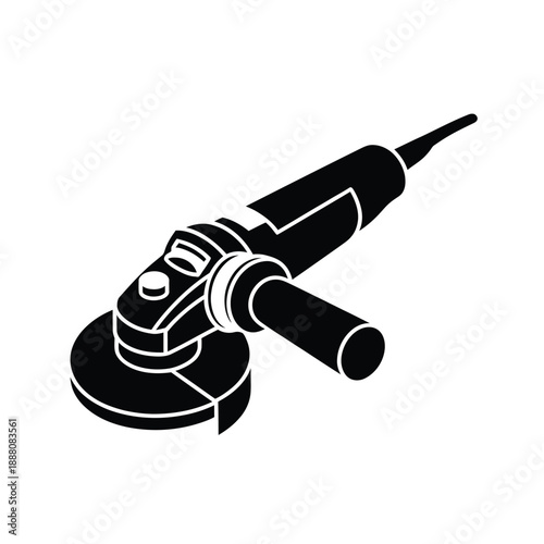 Black and white illustration of an angle grinder tool shown in profile