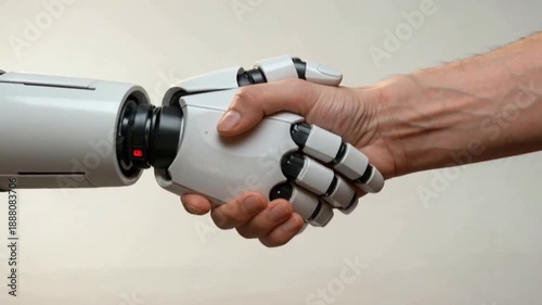 Robotic Hand Shaking Human Hand on White Background