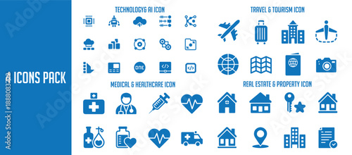 Comprehensive set of blue minimalist icons for technology, medicine, travel and real estate industries.