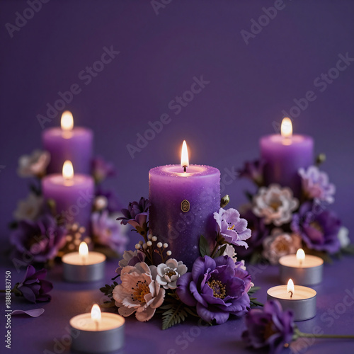Purple candles with flower decorations, symbolizing the beginning of an adventure on a purple background