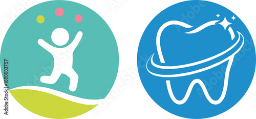 Happy child icon and tooth orbit logo set for pediatric dental care children health branding vector illustration