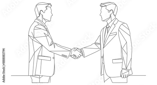 business partners shaking hands in a minimalist line art illustration conceptually depicting corporate deal closure and professional collaboration agreement.