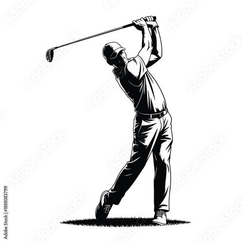 A black and white illustration of a golfer completing their swing
