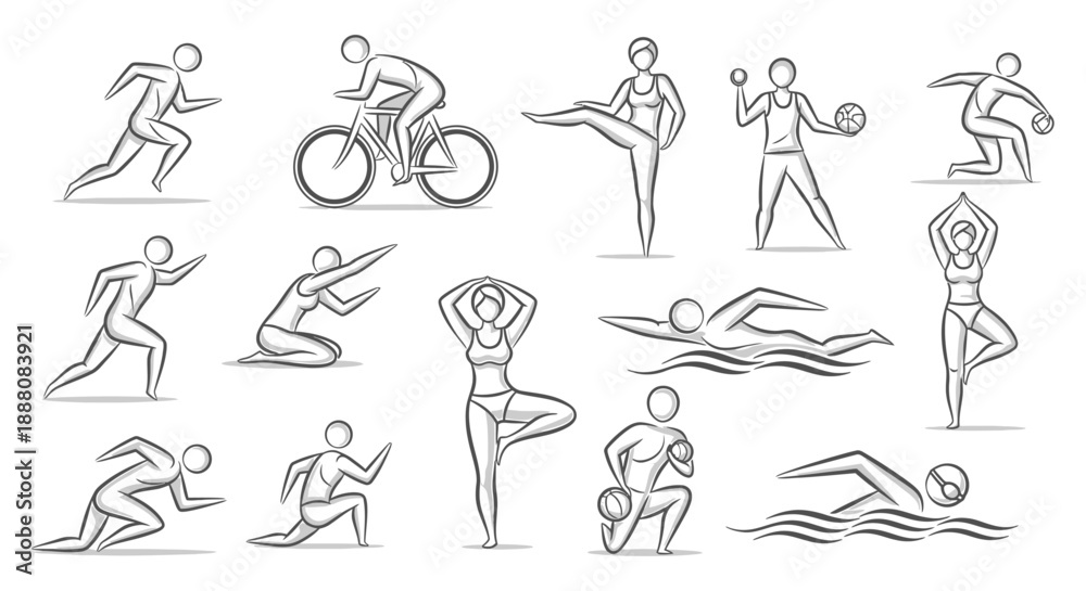 Fototapeta premium active lifestyle stick figure line art vector icons featuring diverse sports and fitness activities for health and wellness design projects