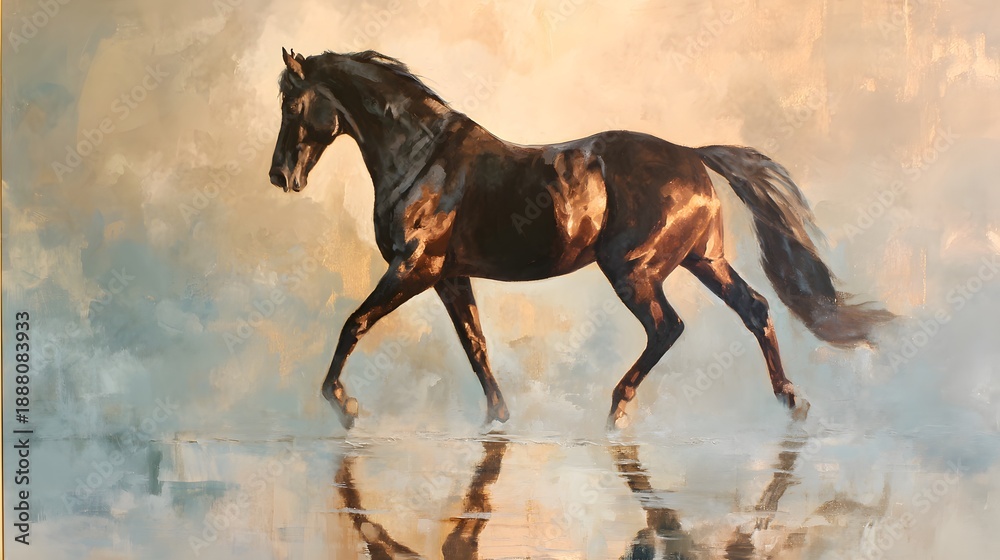 Obraz premium A beautiful brown horse running through water with a vibrant cloudy background
