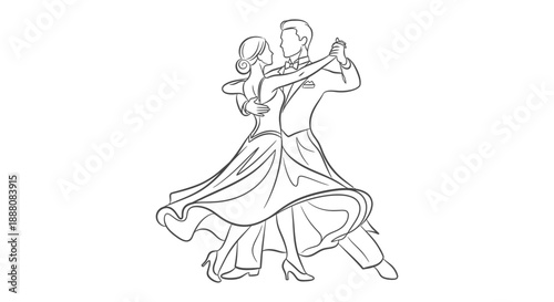 ballroom dancing couple in an elegant line art illustration for formal event invitations dance studio branding and romance themed designs.