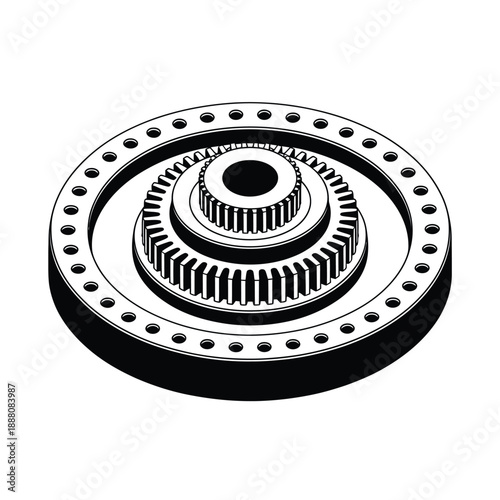 Detailed illustration of a complex mechanical gear assembly in black and white