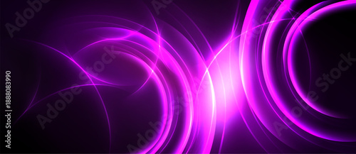 Abstract purple light curves radiate from bright central point. Dark background enhances glowing energy effect. Smooth lines create dynamic visual.