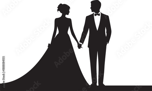 Silhouette of bride and groom holding hands in wedding attire