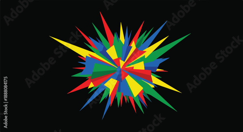 Vibrant abstract explosion of sharp geometric shapes in primary and secondary colors against a dark backdrop, symbolizing energy and dynamism.