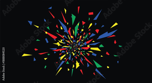 Vibrant abstract explosion of colorful geometric shards on a dark background, dynamic burst of energy and celebration, modern graphic design element.