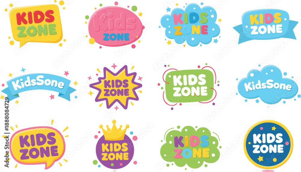 Fototapeta premium Kids zone logo collection with colorful playful badges for children entertainment education branding vector illustration design set modern