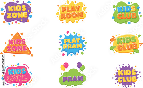 Kids zone playroom club and pram logo set with colorful playful badges for children entertainment branding vector illustration