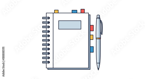 Spiral bound notebook with colorful indexing tabs and a ballpoint pen for efficient organization and daily planning.