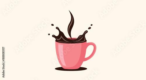 Pink ceramic coffee cup with a dynamic brown splash and steam rising on a light background for cafe and breakfast.