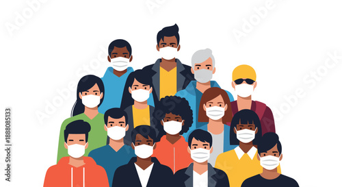 Large group of diverse people of different ages and ethnicities all wearing protective face masks together in public.