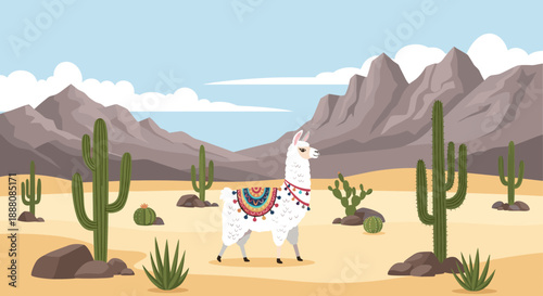 Fluffy white llama wearing a traditional colorful blanket standing in a desert landscape with cacti and high mountains.
