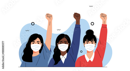 Diverse group of women wearing protective face masks and raising their fists in a sign of protest, solidarity, and social justice.
